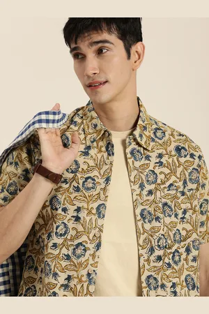 Taavi Men Beige And Blue Kalamkari Block Printed Pure Cotton Casual Shirt