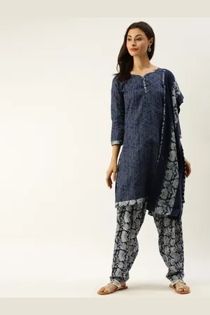 Rajnandini Navy Blue & Grey Cotton Blend Printed Unstitched Dress Material
