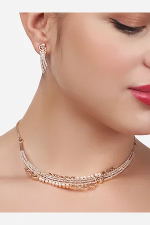 Ami Rose Gold-Plated CZ-Studded Party Bling Designer Necklace & Earring Set