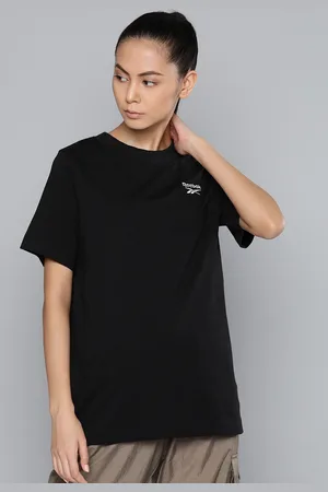 Reebok Women Black Pure Cotton Printed Training or Gym Pure Cotton T-shirt