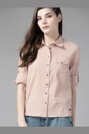 Roadster The Lifestyle Co Women Pink Pure Cotton Self Striped Casual Shirt