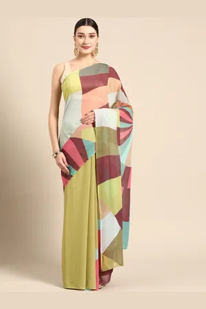 ZARI Olive Green & Pink Colourblocked Art Silk Saree