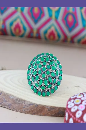 I Jewels Silver-Plated Kundan-Studded Oxidized Adjustable Finger Ring