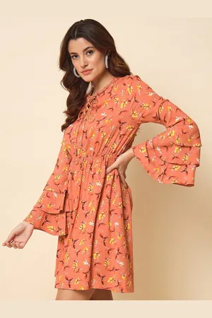 BEATNIK Floral Tie-Up Neck A-Line Dress