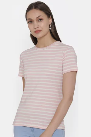 DOOR74 Women Pink & White Striped Cotton T-shirt