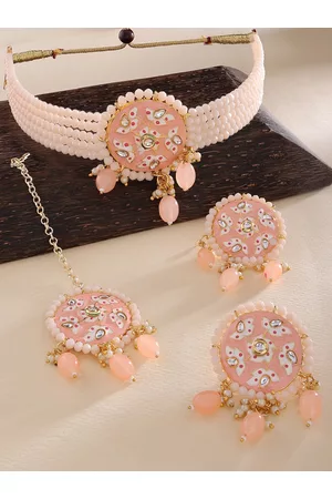 Zaveri Pearls Gold-Plated Peach coloured & White Stone Studded & Beaded Jewellery Set