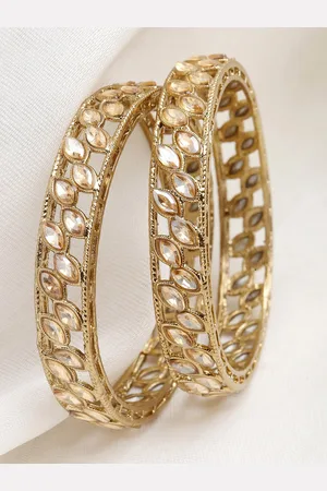 karatcart Set Of 2 Gold-Plated Kundan Studded Antique Bangles