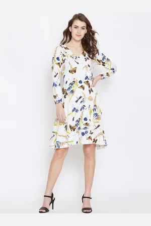 Berrylush Women White & Blue Butterfly Printed Wrap Dress
