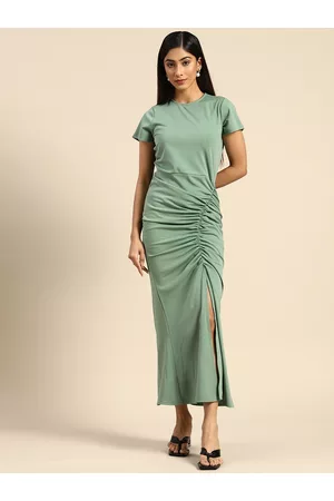 ATHENA Green Bodycon Ruched Midi Dress