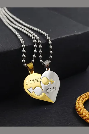 Saizen Set of 2 Gold-Plated Dual Heart Shape Couple Pendants With Chains