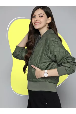 Mast & Harbour Women Olive Green Solid Quilted Jacket