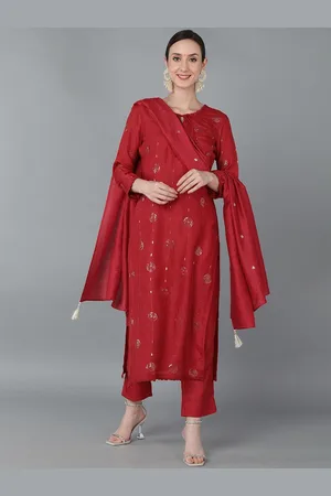 Ahika Women Red Ethnic Motifs Embroidered Kurta with Trousers & Dupatta