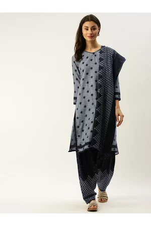 Grey Printed Cotton Blend Dress Material