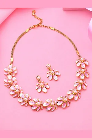 ESTELE Gold Plated Floret Designer Necklace Set with Crystals & Enamel for Women