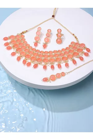 Zaveri Pearls Peach Stones Studded Gold-Plated Jewellery Set