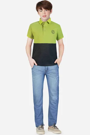 Gini and Jony Boys Green & Black Colourblocked Polo Collar Pure Cotton T-shirt