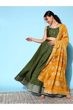 Ahalyaa Olive Green & Silver-Toned Printed Ready to Wear Lehenga & Blouse With Dupatta
