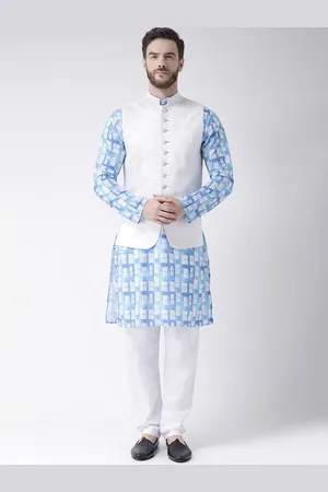 Hangup Men Mandarin Collar Printed Pure Cotton Kurta with Pyjamas With Nehru Jacket
