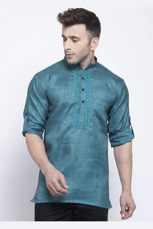 KLOTTHE Men Teal Blue Thread Work Kurta