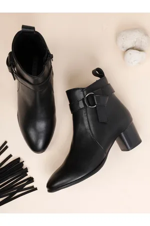 Elle Women Black Solid Leather Ankle Boots