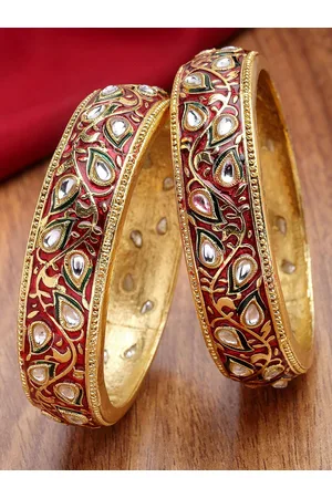 karatcart Set of 2 Gold-Plated Kundan Stones-Studded Antique Meenakari Bangle