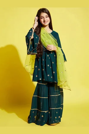 Cherry & Jerry Girls Ethnic Motifs Empire Sequinned Kurta with Sharara & With Dupatta
