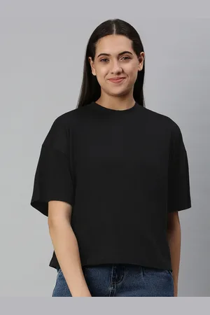 Huetrap Women Black Drop-Shoulder Sleeves Boxy T-shirt