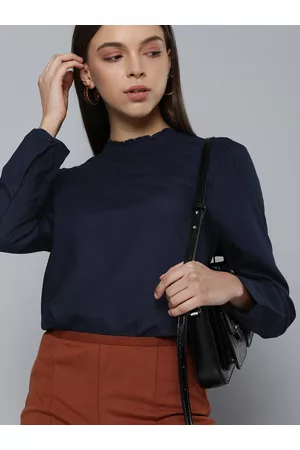 Chemistry Navy Blue High Neck Lace Detailed Top