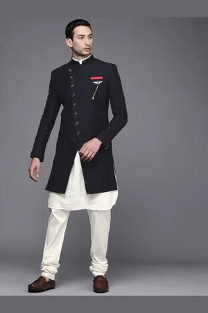 Manyavar Men Navy Blue & White Printed Sherwani Set