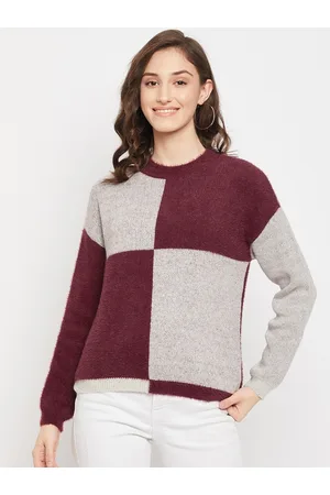 MADAME Women Maroon & Grey Colourblocked Pullover with Fuzzy Detail