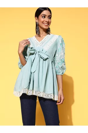 Ishin Beautiful Blue Floral Belted Detail Top