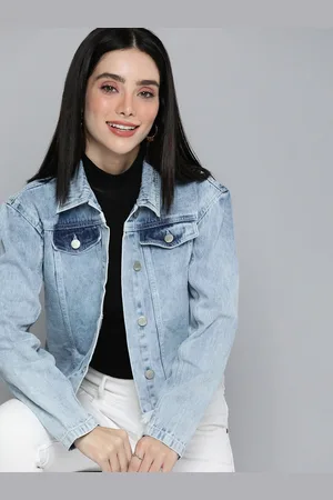 Mast & Harbour Women Washed Denim Jacket With Mock Pocket & Frayed Hem Detail