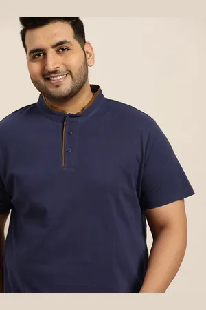 Sztori Men Plus Size Navy Blue Solid Mandarin Collar T-Shirt