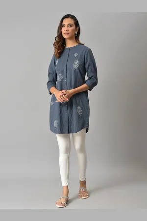 W Omen Blue Floral Embroidered Cotton Tunic