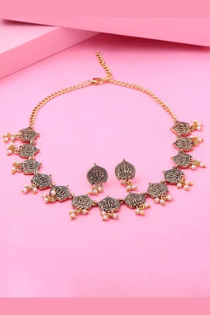 ESTELE Gold Plated Antique Traditional Choker Necklace Set with Pearls