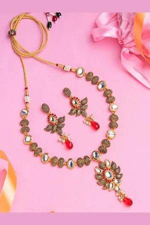 ESTELE Gold Plated Dazzling Floral Necklace Set with Kundan & Crystals