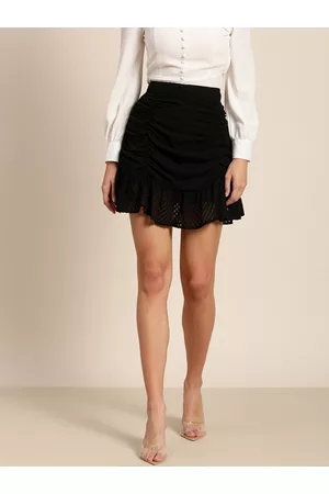 marie claire Women Black Ruched Flounce Hem A-Line Skirt