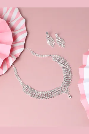 SOHI Party Designer Silver-Plated & White Stone-Studded Jewellery Set