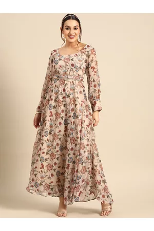 Sangria Women Classy Floral Printed Maxi Dress with Belt