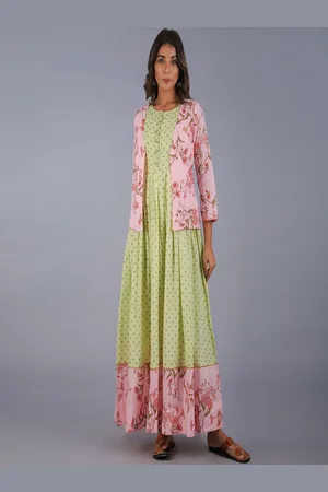 Kalini Women Green & Pink Ethnic Motifs Cotton Maxi Dress With Jacket