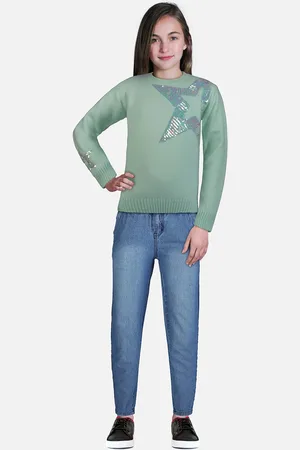 Gini and Jony Girls Green Printed Pullover with Embellished Detail