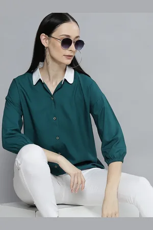 DENNISON Women Teal Green Solid Smart Casual Shirt