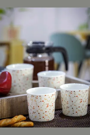 GOODHOMES White & Orange Set Of 6 Printed Bone China Mugs180 ml Each