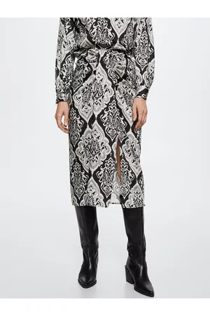 MANGO Women Satin Printed Straight Skirt