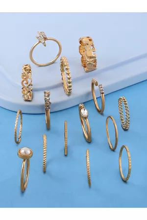 Ami Set of 15 Gold-Plated White Stone Studded & Beaded Finger Ring