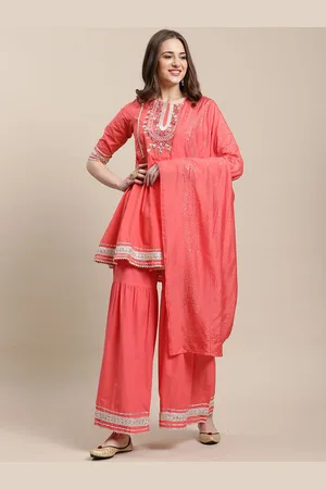Rajnandini Women Ethnic Motifs Embroidered Pure Cotton Kurta with Sharara & Dupatta