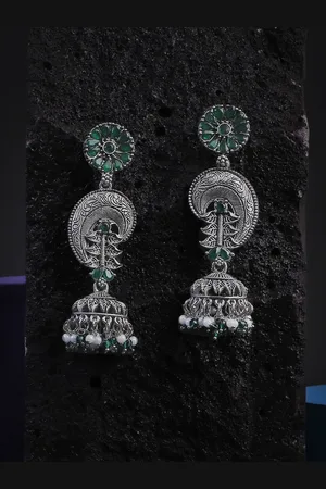 Adwitiya Collection Silver-Plated Oxidised Classic Jhumkas Earrings