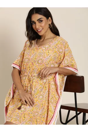 Taavi Women Mustard Yellow & Pink Ethnic Motifs Printed Pure Cotton Kaftan Nightdress