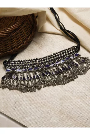 TEEJH Women Silver Blue Oxidised Choker Necklace