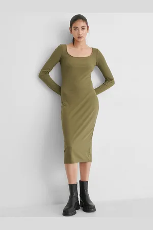 NA-KD Women Khaki Ribbed Sheath Midi Dress